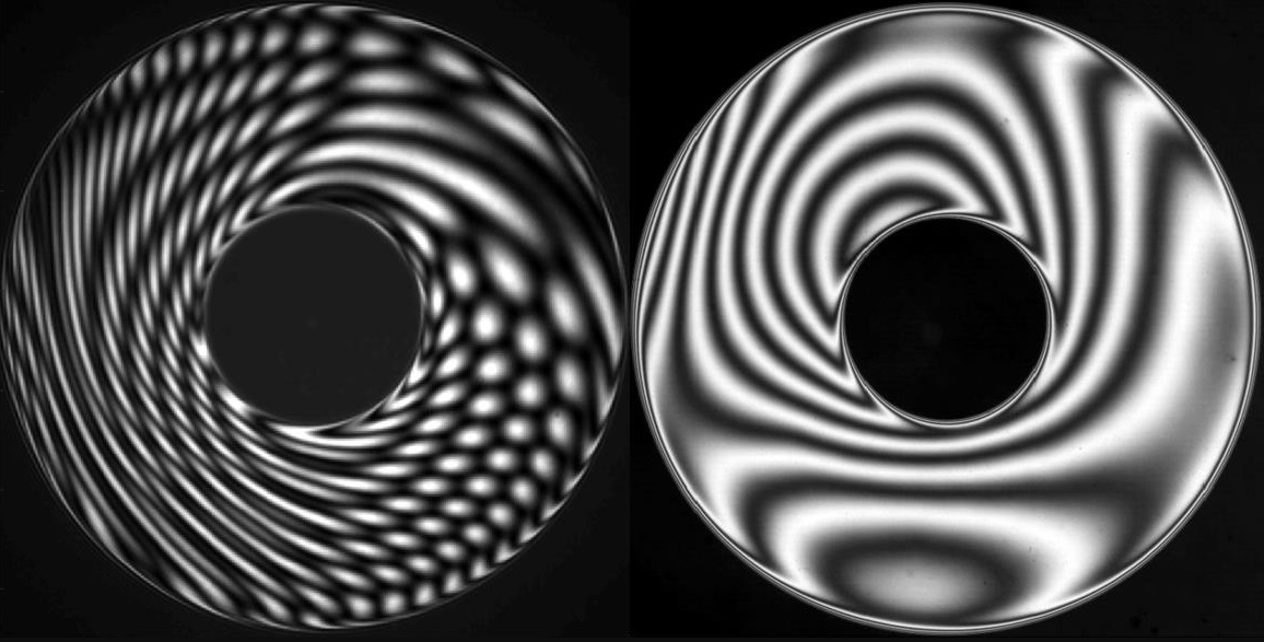 特殊なLEDを光源とする低コヒーレンス長干渉計は 裏面側から戻ってくる反射光のノイズを受けずに平行平面を測定できるのに対し (右)、従来のレーザーを用いた干渉計ではノイズの影響を受けてしまう (左)。画像提供： InterOptics LLC.