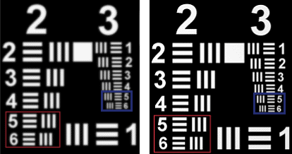 Comparison of Finite Conjugate Micro-Video Lens and Compact Fixed Focal Length Lens Resolving Group 2, Elements 5 -6 (Red Boxes) and Group 3, Elements 5 – 6 (Blue Boxes) on a 1951 USAF Resolution Target